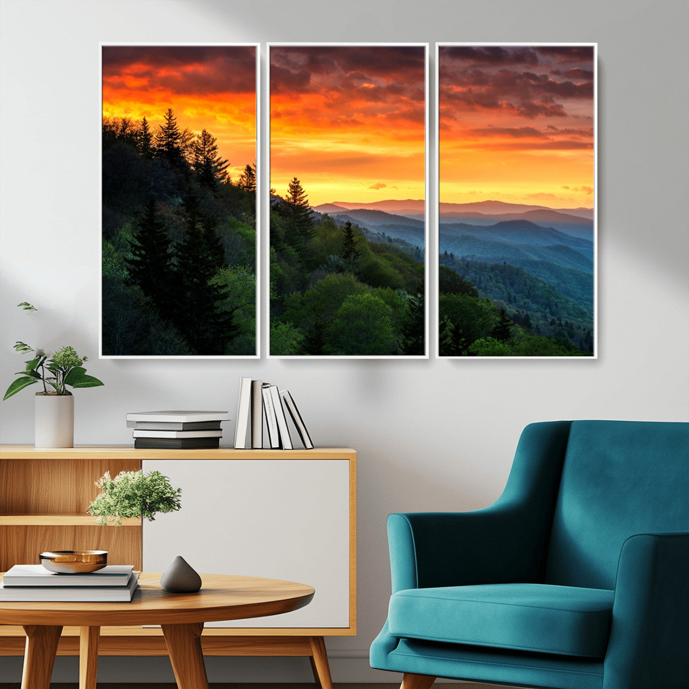 MGV-FC-48X32-3P - Great Smoky Mountains Sunset Wall Art Canvas Print | 3 Panel Large Nature Landscape Photography for
