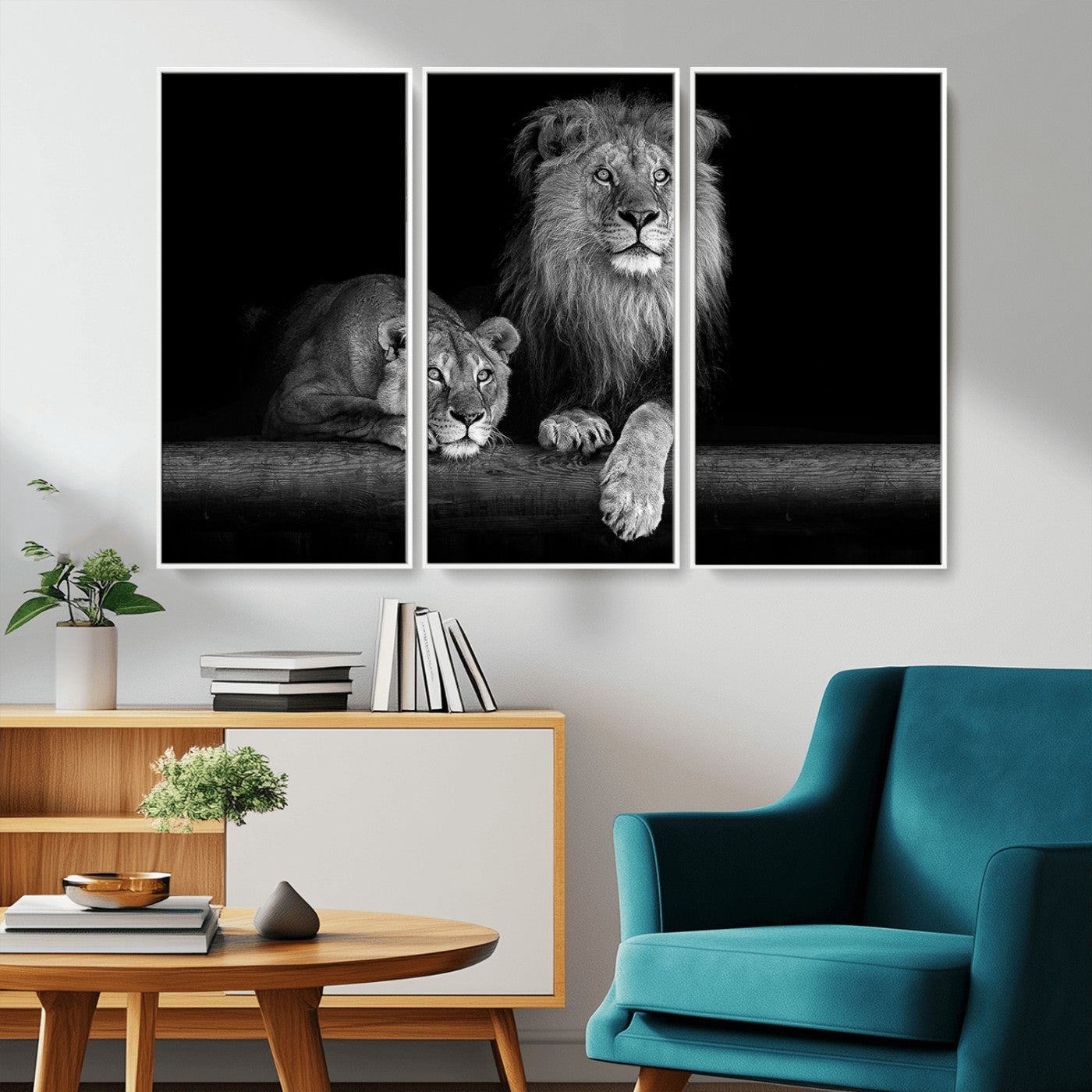 MGV-FC-48X32-3P - Large Black and White Lion Couple Wall Art Canvas Print