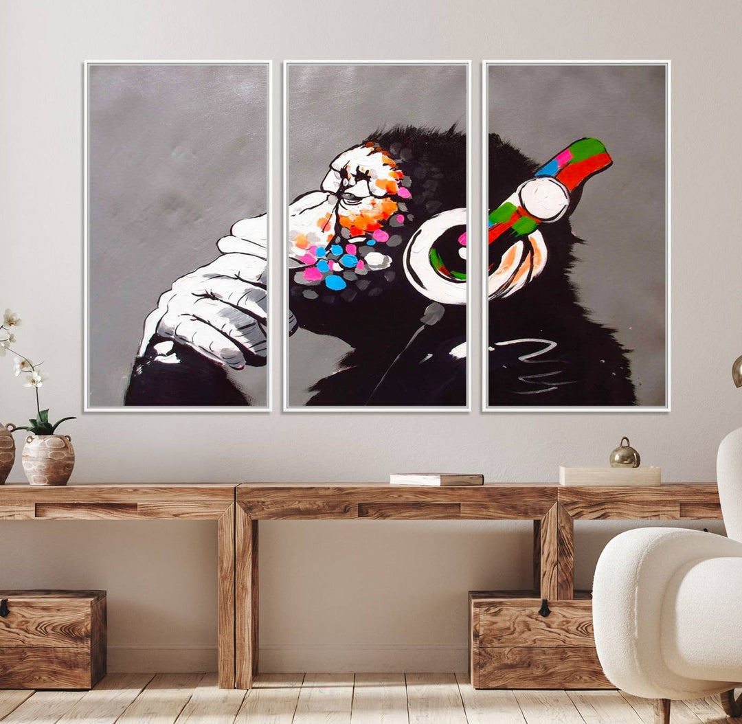 Living room showcasing DJ Monkey wall art.