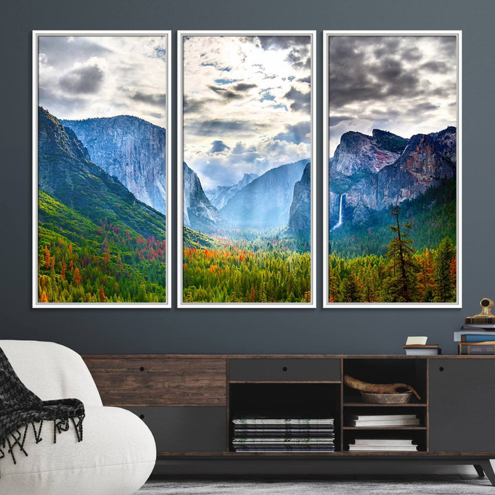 The Yosemite Park Half Dome 3 Panel Canvas Print beautifully captures the enchanting beauty of national parks with its vibrant mountain and forest scene. This large giclée landscape wall art is perfect for living rooms, offices, or bedrooms and comes ready to hang.