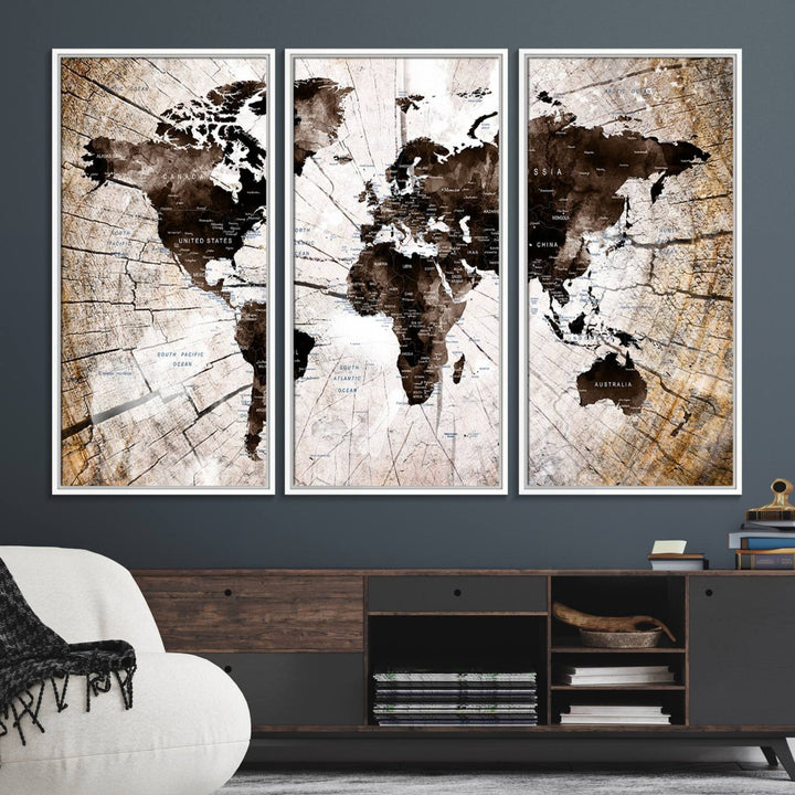 A Vintage World Map on Wood Style Canvas hangs prominently.