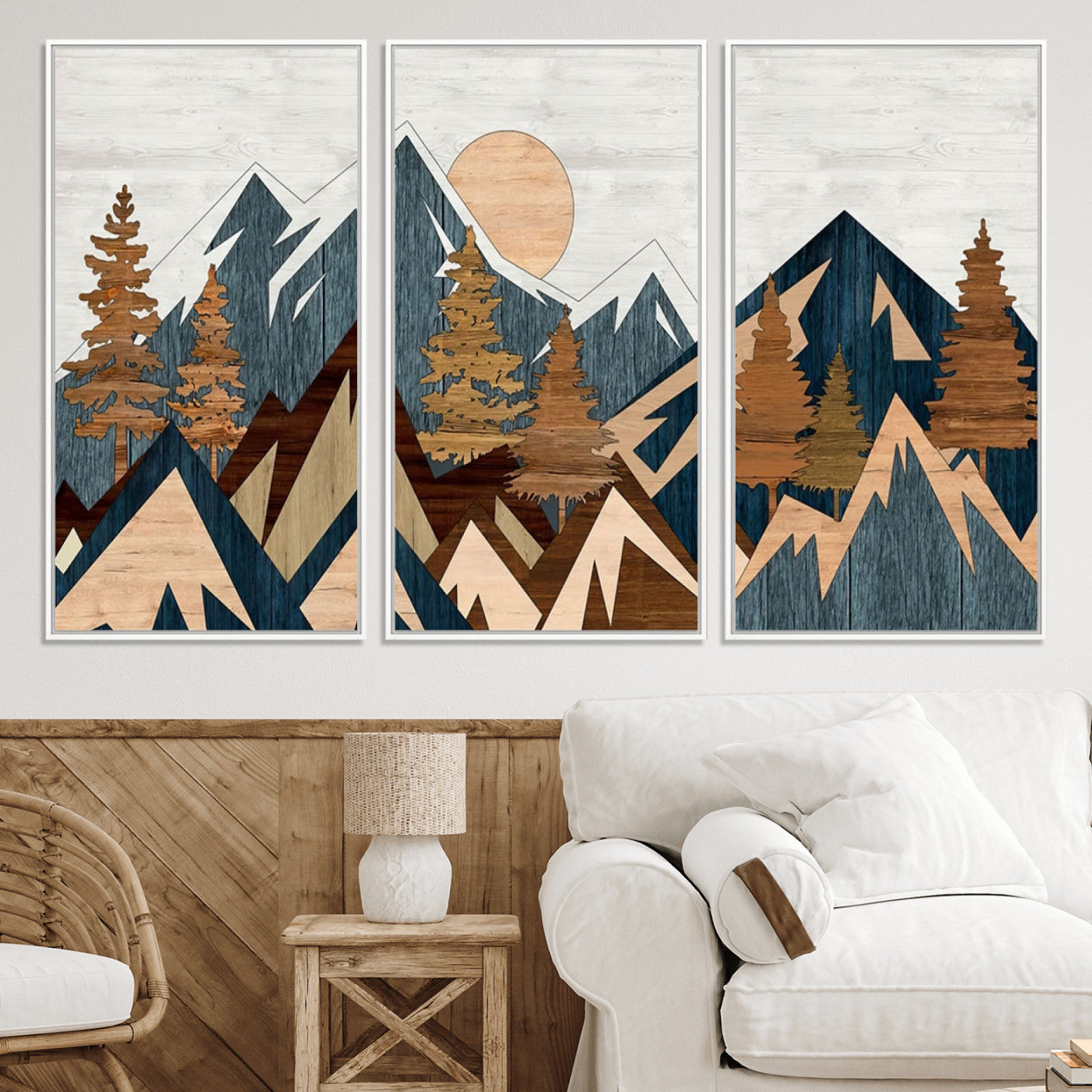 91467-MGV-CV-36X24-Abstract Wood Panel Effect Mountain Range Top Wall Art Canvas Print