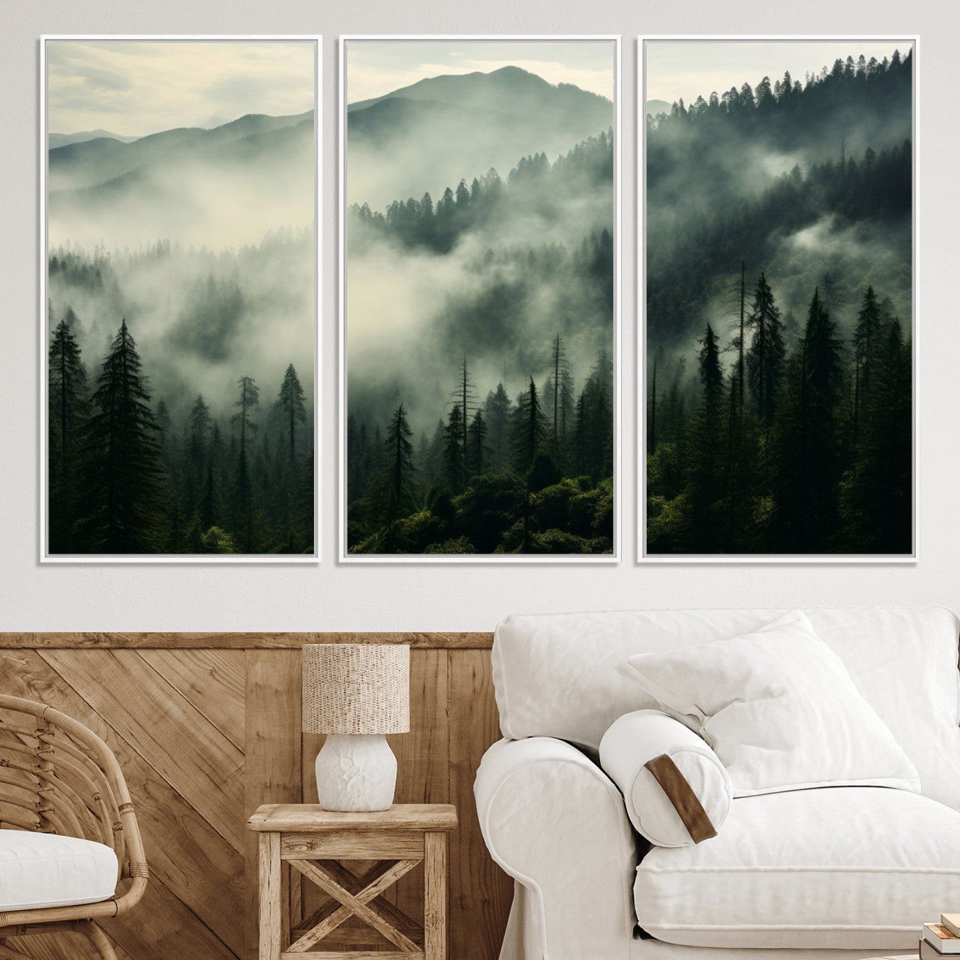 25295-MGV-CV-36X24-Captivating Misty Forest Wall Art Premium Canvas Print a Foggy and Serene Atmosphere