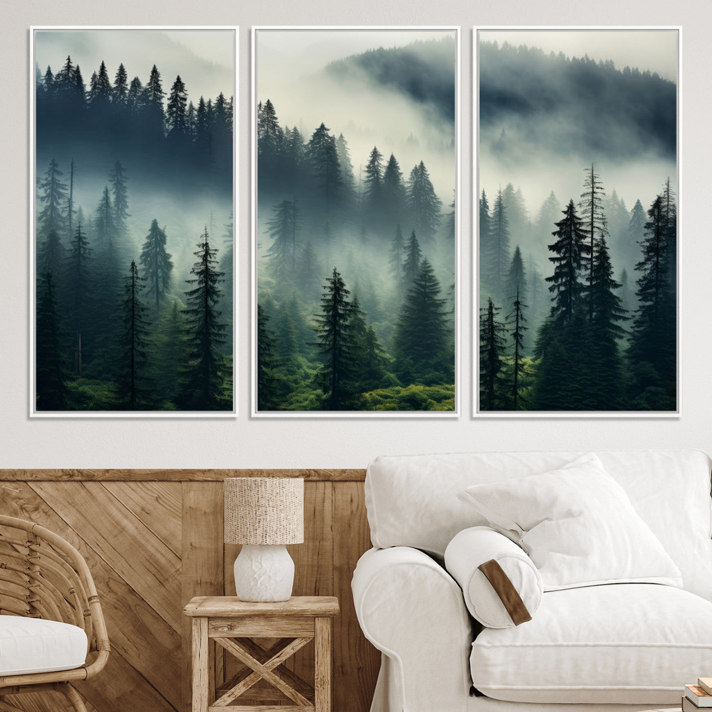 48606-MGV-FC-60X40-3P_White-Captivating Misty Forest Wall Art Premium Canvas Print a Foggy and Serene Atmosphere