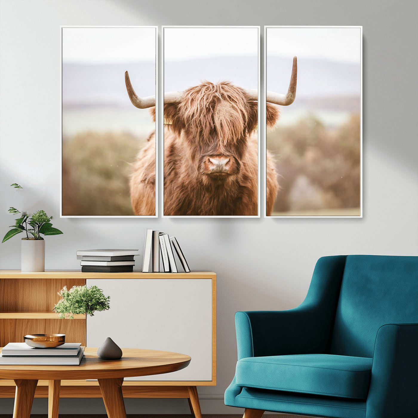 MGV-FC-48X32-3P - Scottish Serene Highland Cow Canvas Wall Art – Serene Highland Cow in Natural Pastel Tones – Ready