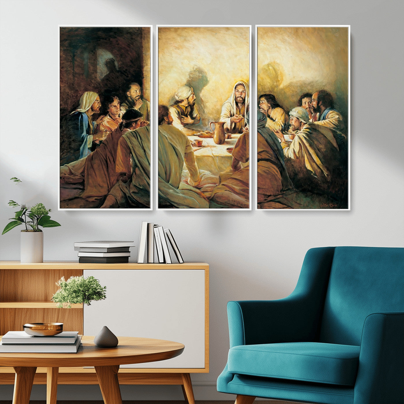 Framed canvas print of the Last Supper, depicting Jesus and his disciples, perfect for religious or Christian-themed home decor.