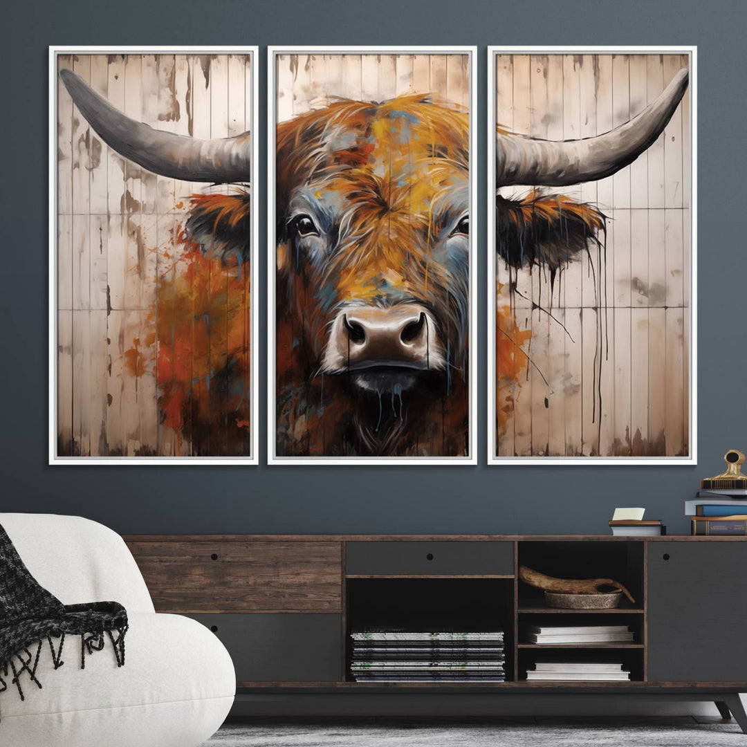 Scottish Highland Cow Cattle Art Print on Wood Style Background
