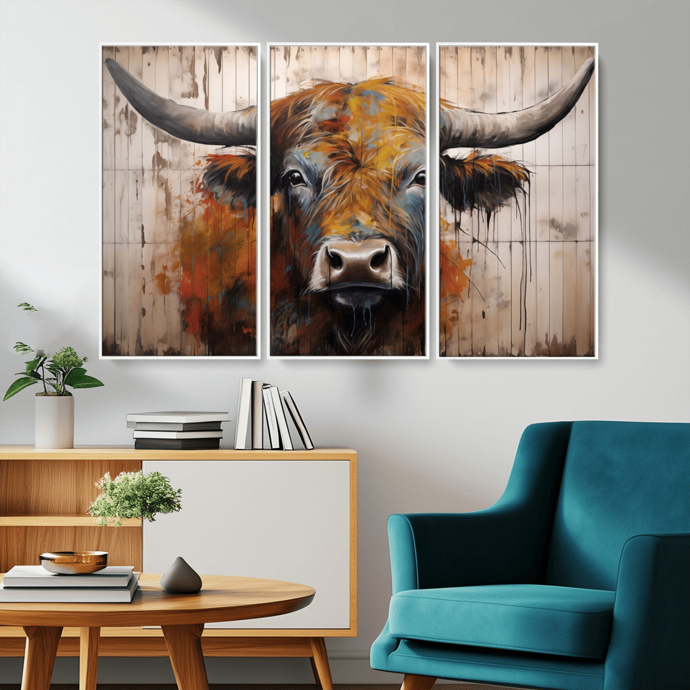 MGV-FC-48X32-3P - Abstract Bull Highland Cow Canvas Wall Art Print – Vibrant Rustic Charm in Modern Farmhouse Decor –