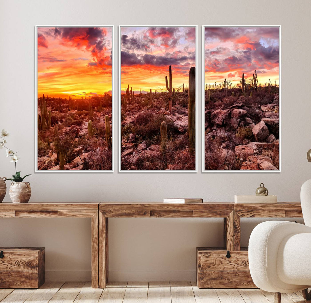 A vibrant desert sunset with cacti, perfect Western Cowboy Wall Art Print.