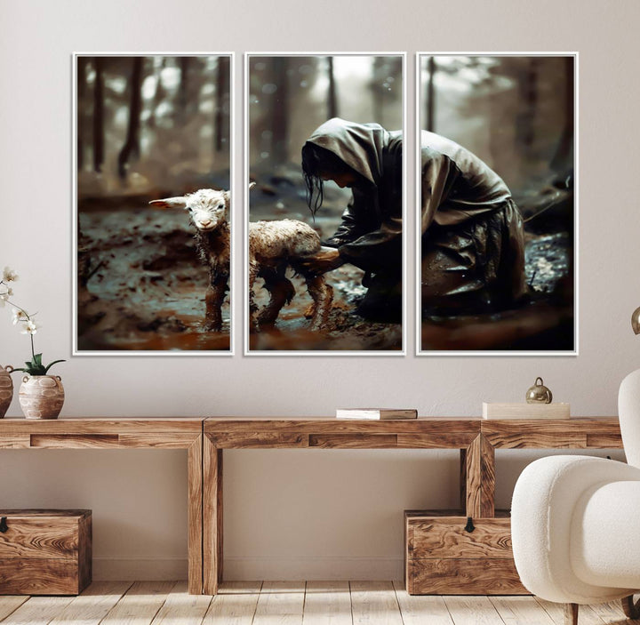 Jesus Lost Lamb Wall Art: A cloaked figure tends a lamb in a muddy forest.