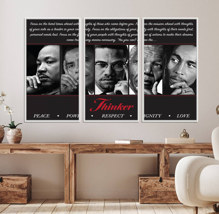 The wall art is a black and white piece featuring iconic figures accompanied by the words Thinker Peace Power Respect Dignity.