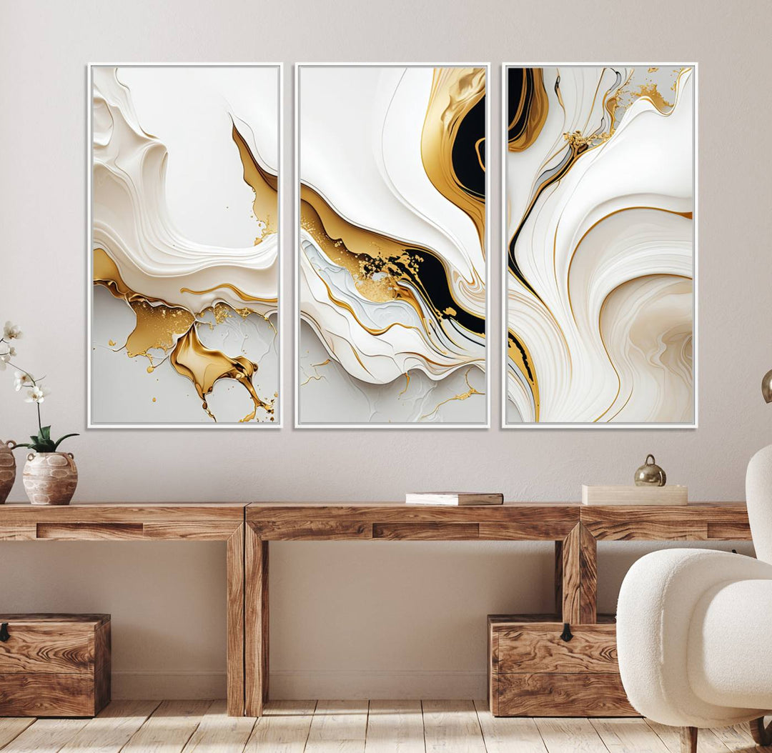 Modern interiors showcase Gold Waves on Pure White Canvas.