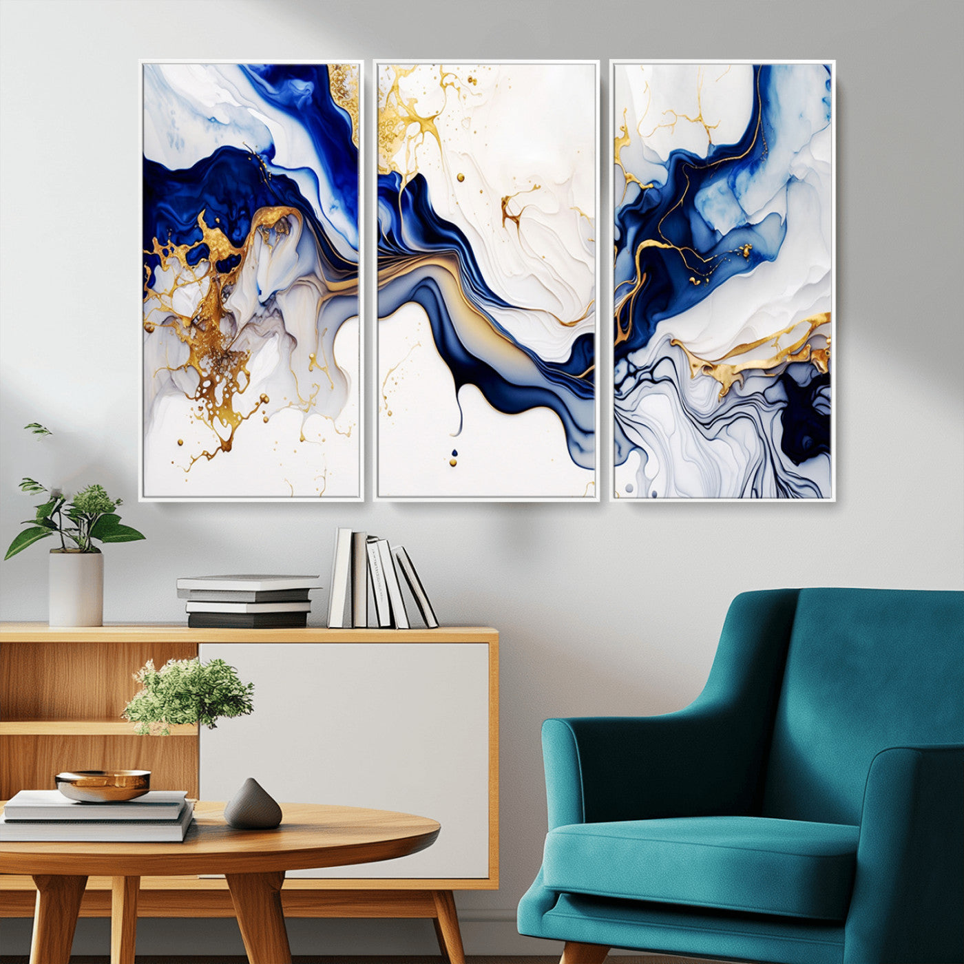 MGV-FC-48X32-3P - Golden Cascades on Midnight Blue – Deep Blue Abstract Wall Art Flowing Elegance | Wall Art Canvas,