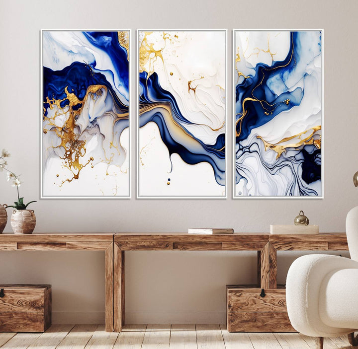 Golden Cascades on Midnight Blue wall art swirls above, featuring gold and white accents.