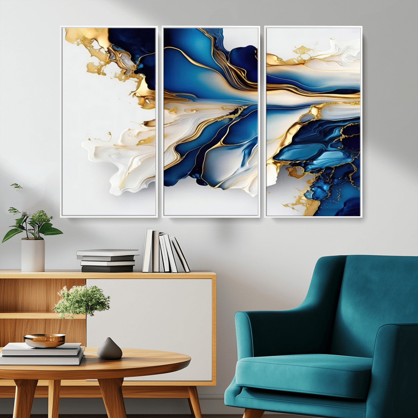 MGV-FC-48X32-3P - Gold Marble Art - Abstract Geode Gold And Blue Marble Shape 3 Pieces Wall Art Canvas Print