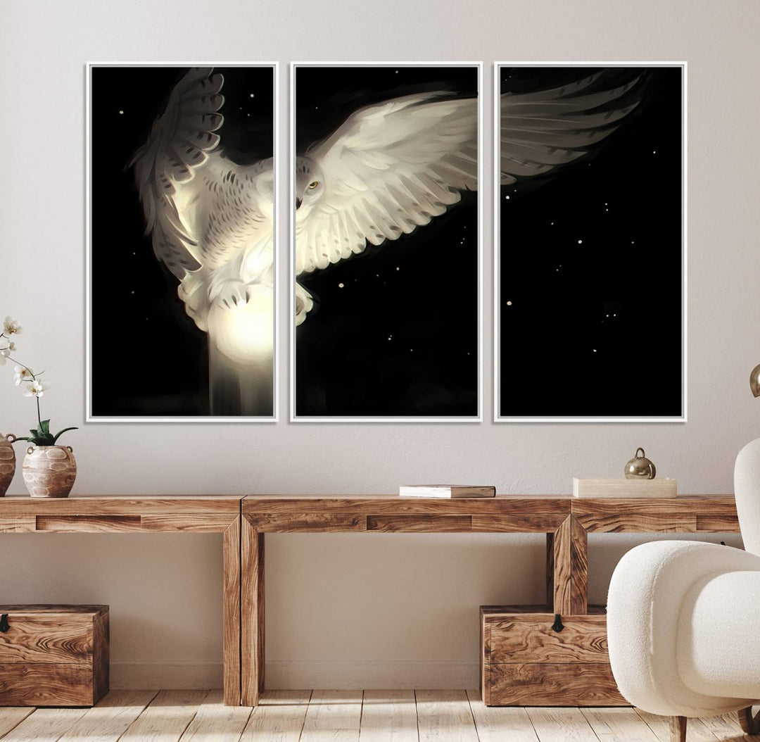 The Night Owl Art graces the wall with its depiction of a snowy owl on a glowing orb, perfect for modern decor.