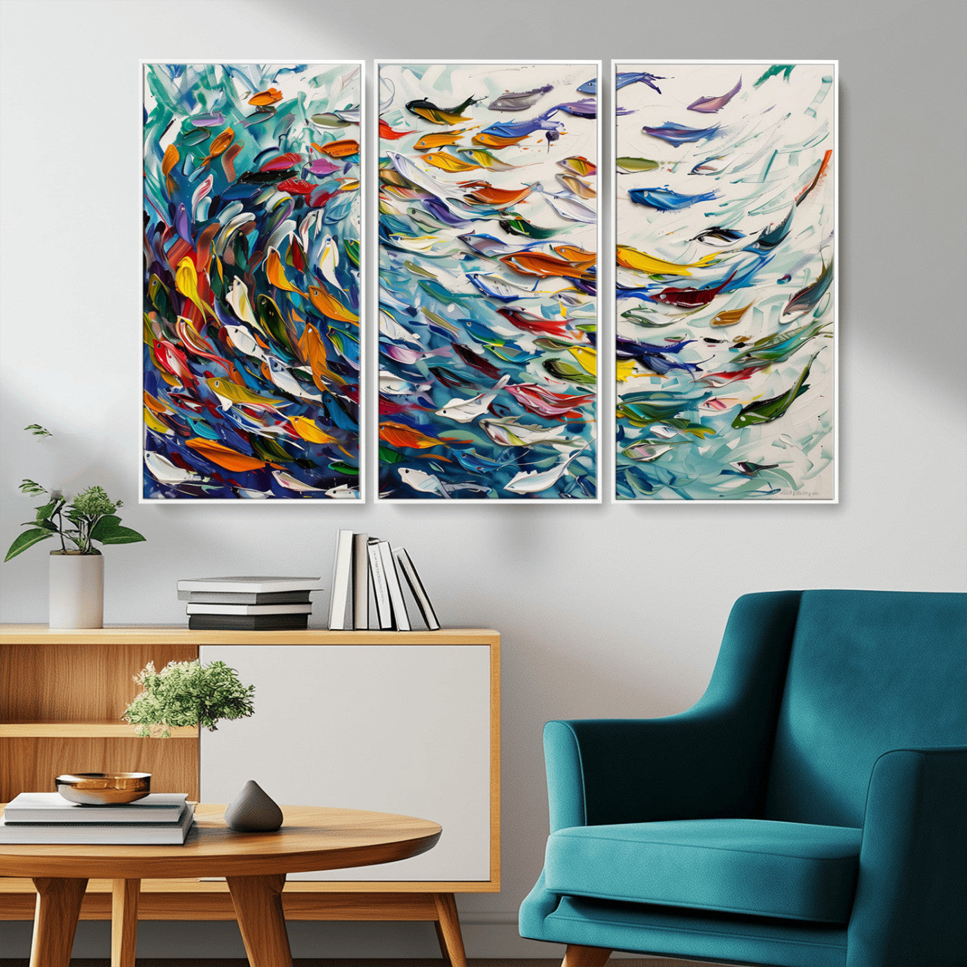 MGV-FC-48X32-3P - Modern Abstract Fish Shoal Wall Art Canvas Print, Colorful Fish Herd Painting on Canvas Print, Ocean