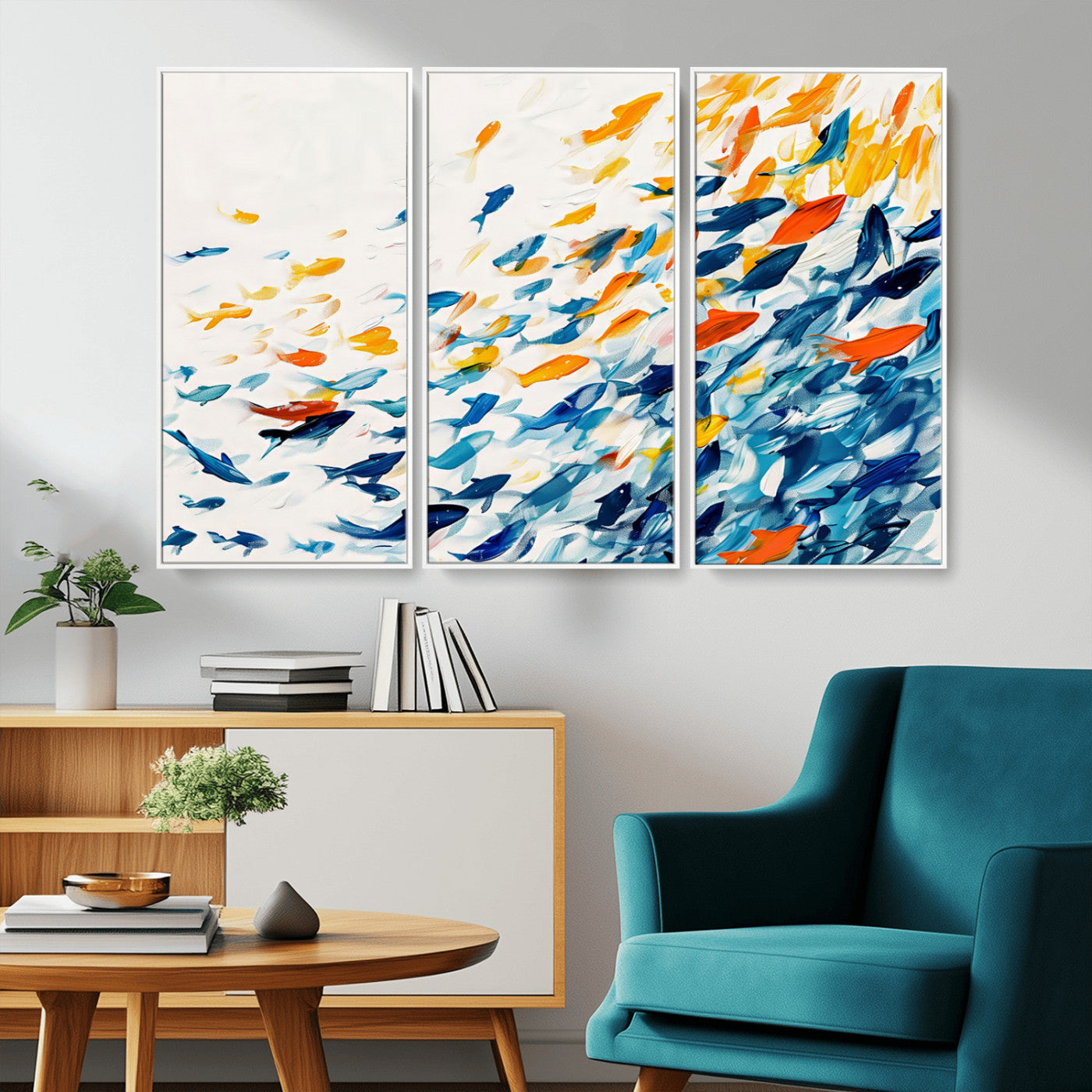 MGV-FC-48X32-3P - Abstract Fish Shoal Wall Art Canvas Print, Colorful Fish Herd Painting on Canvas Print, Ocean Animal