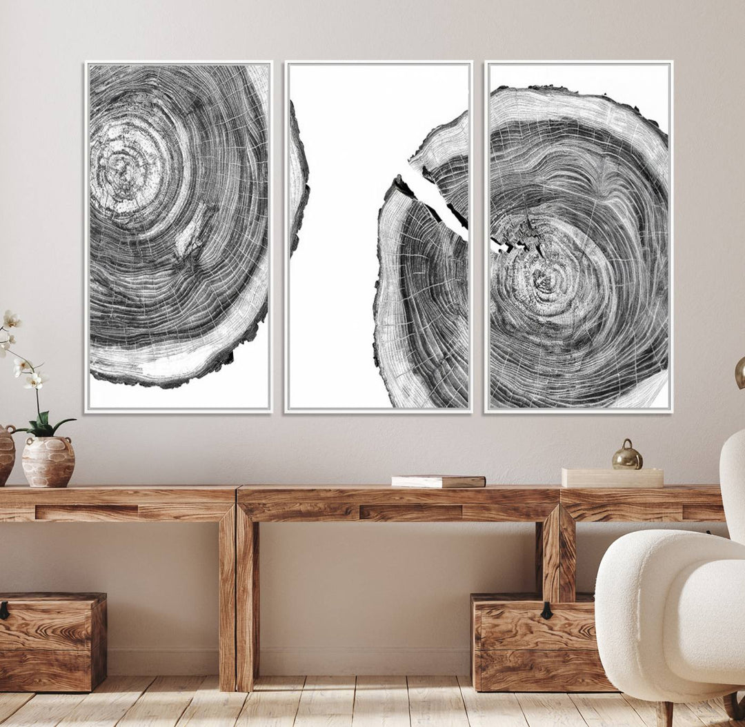 The modern black and white tree rings canvas art adds minimalist geometric decor with nature inspiration.