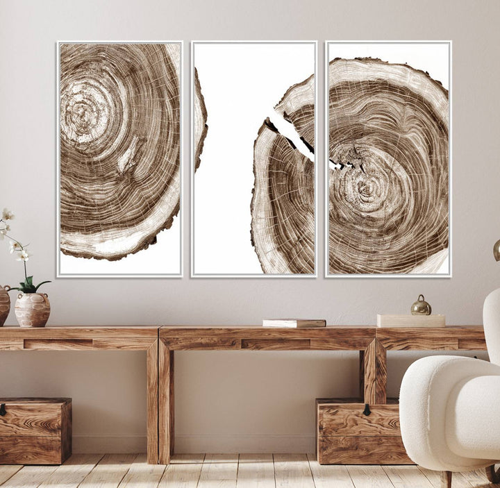 Wood Tree Ring Wall Art on a minimalist black and white canvas.