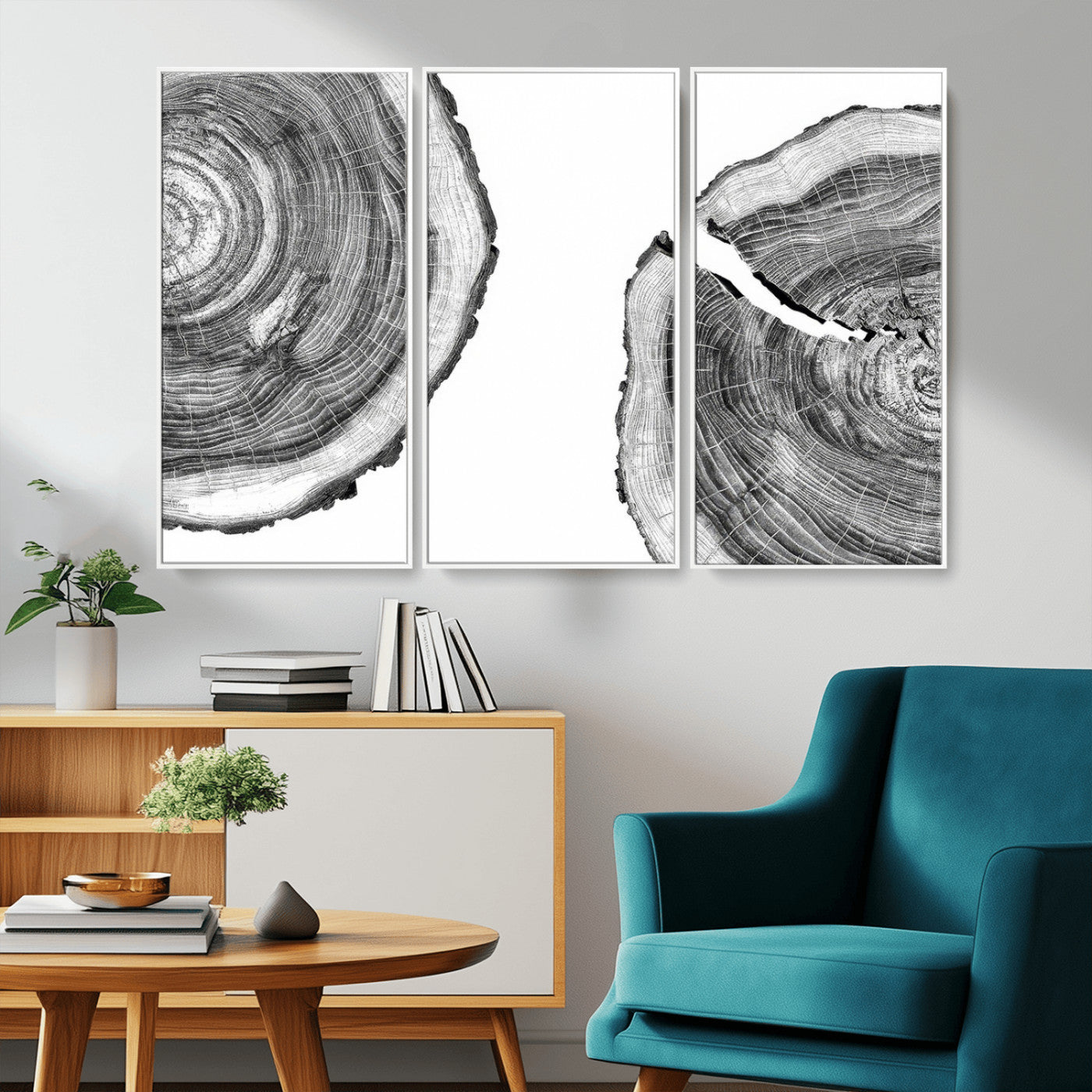 MGV-FC-48X32-3P - Abstract Large Tree Rings – Minimalist Black and White Wood Art | Triptych Canvas, Modern Wall Decor