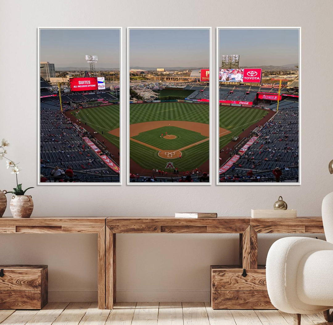 Aerial view of Angel Stadium, perfect as gallery-quality wall art - Los Angeles Angels Canvas Print.