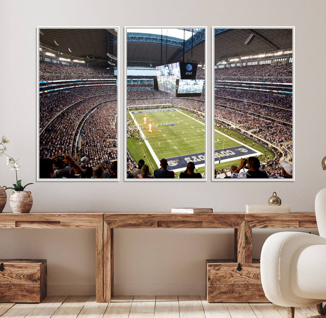 The wall art is a Dallas Cowboys AT&T Stadium Canvas Print, showcasing the iconic logo.