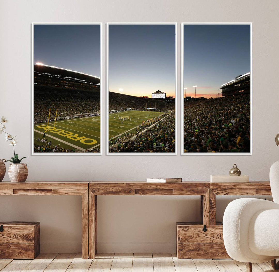 Canvas artwork depicting an Oregon Ducks football game at Autzen Stadium, capturing a sunset and packed stands.