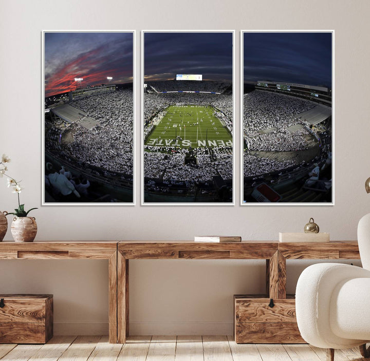 Canvas art capturing the packed Beaver Stadium at dusk, with Penn State emblazoned on the field and a sea of white-clad fans—true perfection.