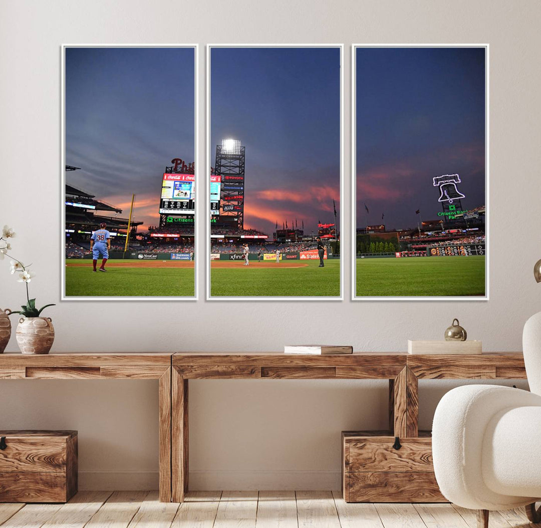 Philadelphia Phillies at sunset: Citizens Bank Park captured in a charming canvas wall art print.