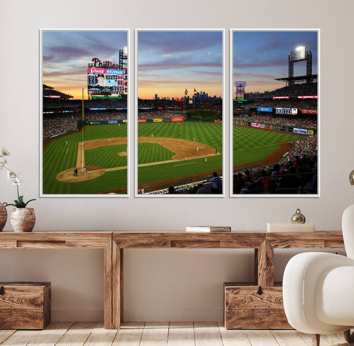 A sunset game at Citizens Bank Park depicted on a 3-panel Phillies canvas.