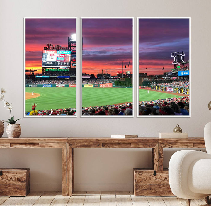 The Philadelphia Phillies canvas print showcases Citizens Bank Park at sunset with a crowd and scoreboard.