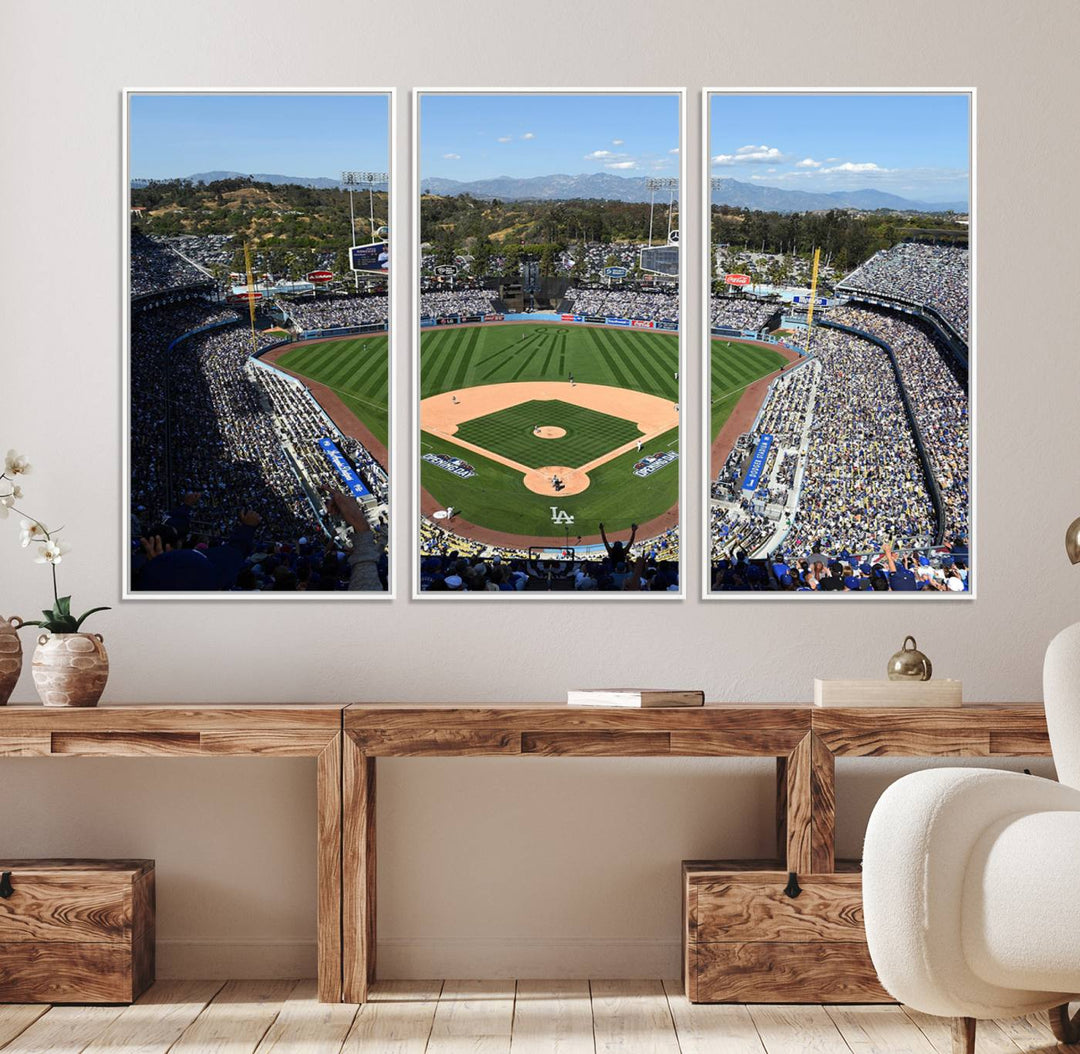 Aerial view of Dodger Stadium captured in gallery-quality on a Dodgers wall art canvas.