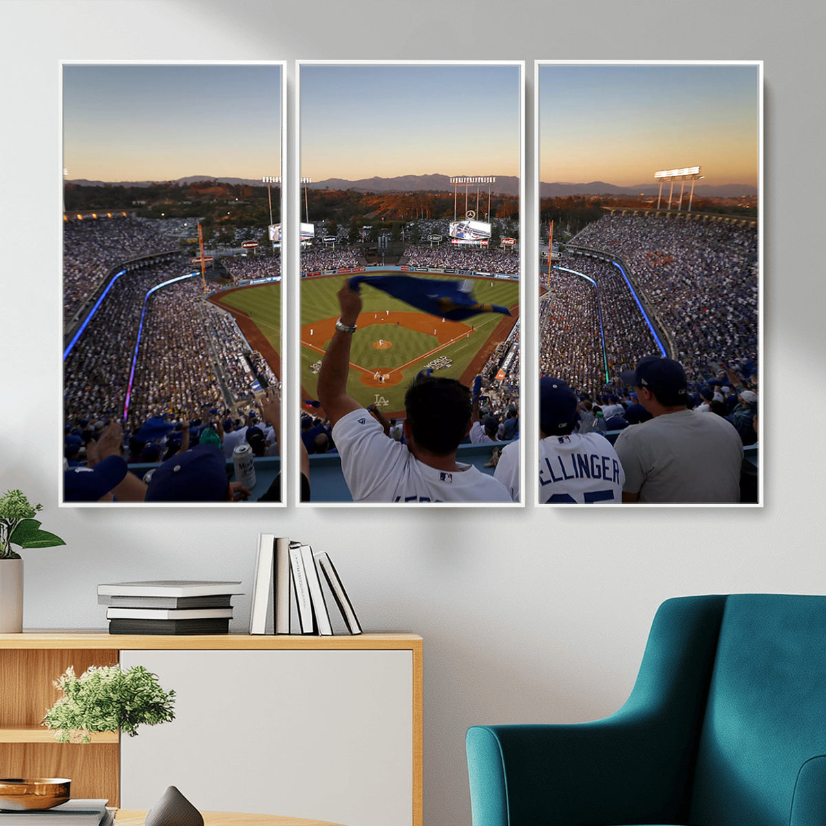 60162-MGV-CV-36X24 - Dodger Stadium Sunset Game Triple Canvas Wall Art, Los Angeles Dodgers MLB Match