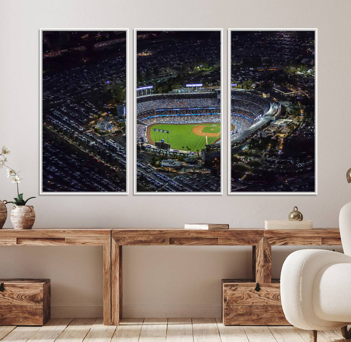 Aerial view of a lit stadium at night, featuring the Los Angeles Dodgers Dodger Stadium Wall Art.