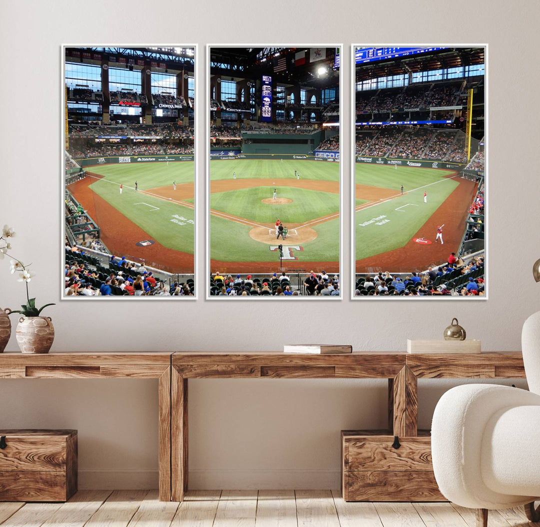 Admire the Texas Rangers Wall Art showcasing Globe Life Fields covered stadium and its lively crowd.