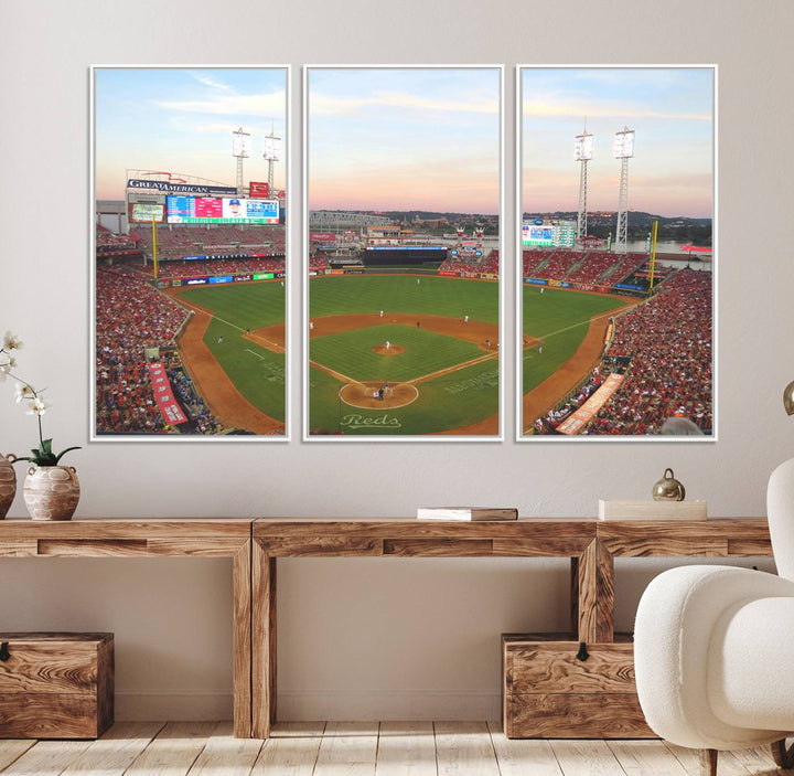 Cincinnati Reds game at sunset: Stadium wall art canvas.