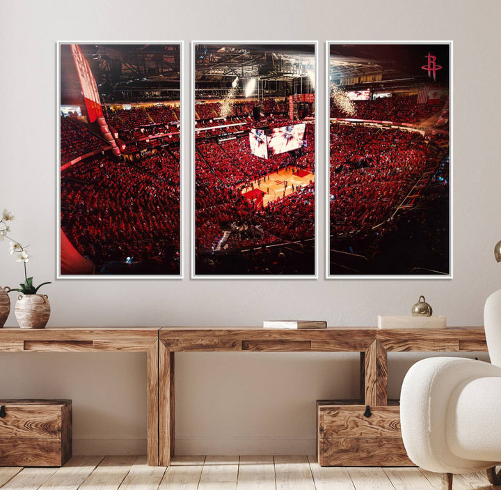 A crowded basketball arena with red lighting hosts a Houston Rockets game.