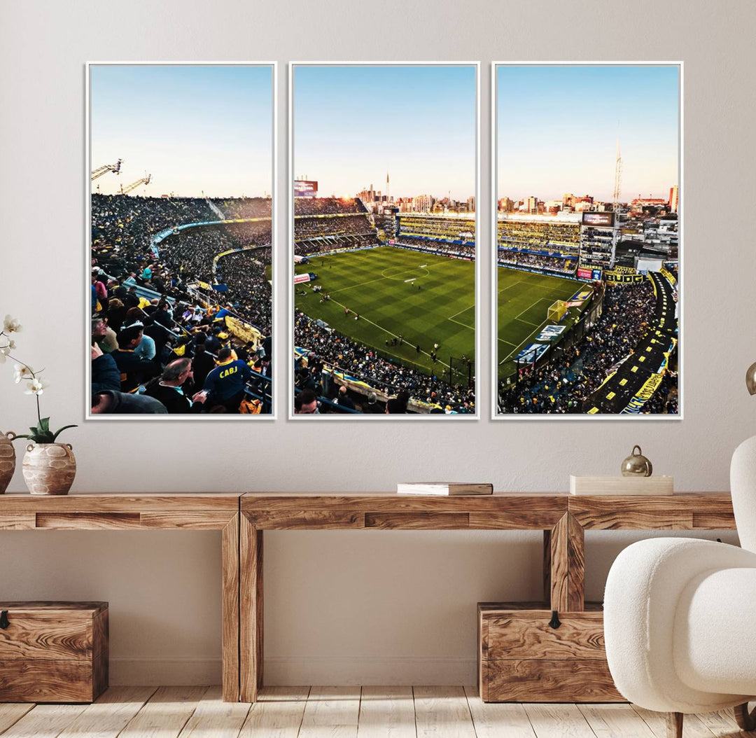 The wall art canvas print vividly captures the dynamic soccer culture at Bombonera Stadium with its vibrant depiction.