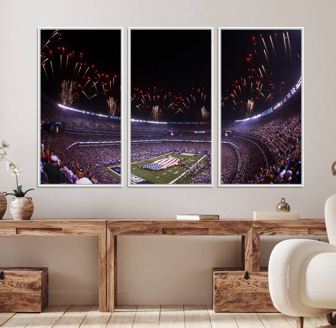 A vibrant wall art piece in MetLife Stadium features a stunning American flag design, capturing the spirited atmosphere of game day.