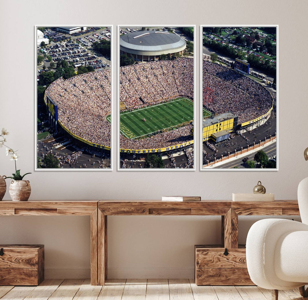 Aerial view of Michigan Wolverines college football culture on a stadium canvas wall art.