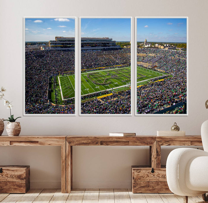 Aerial shot of packed stadium on green; Notre Dame Fighting Irish Stadium Wall Art Canvas Print.