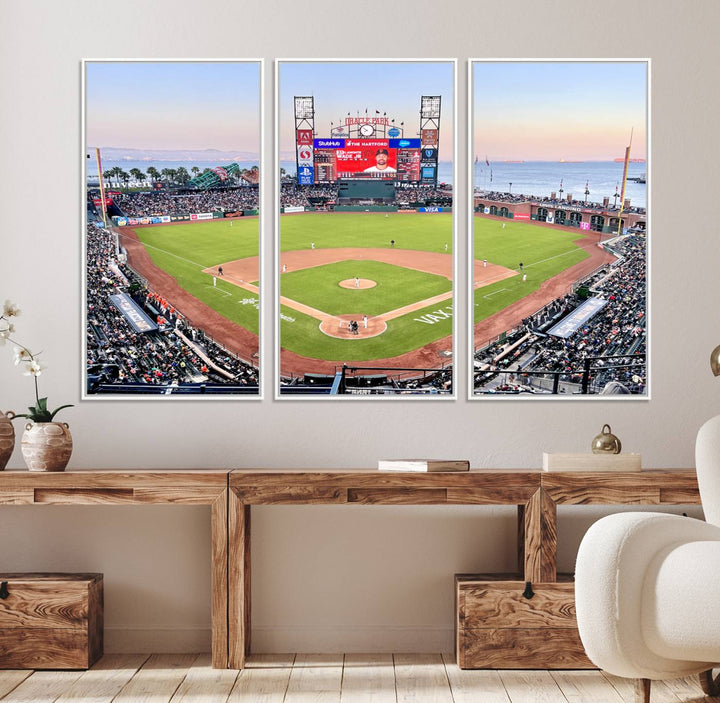 Gallery-quality canvas print of Oracle Park Stadium showcasing a waterfront view from behind home plate.