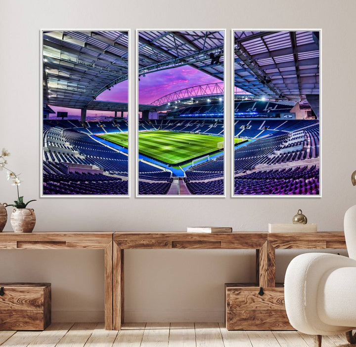 The FC Porto Soccer Team Dragon Stadium Wall Art Canvas Print decorates the room.