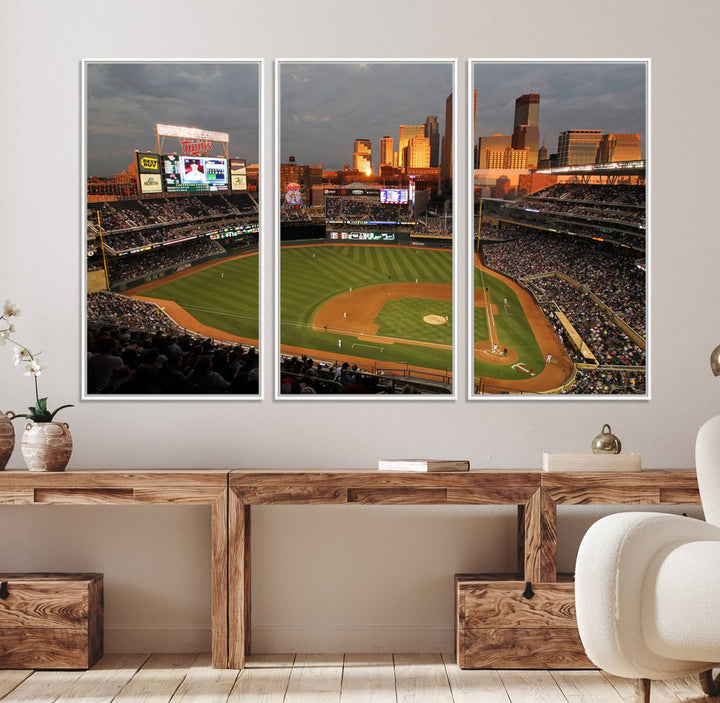 Baseball at Target Field, sunset game, city skyline view.