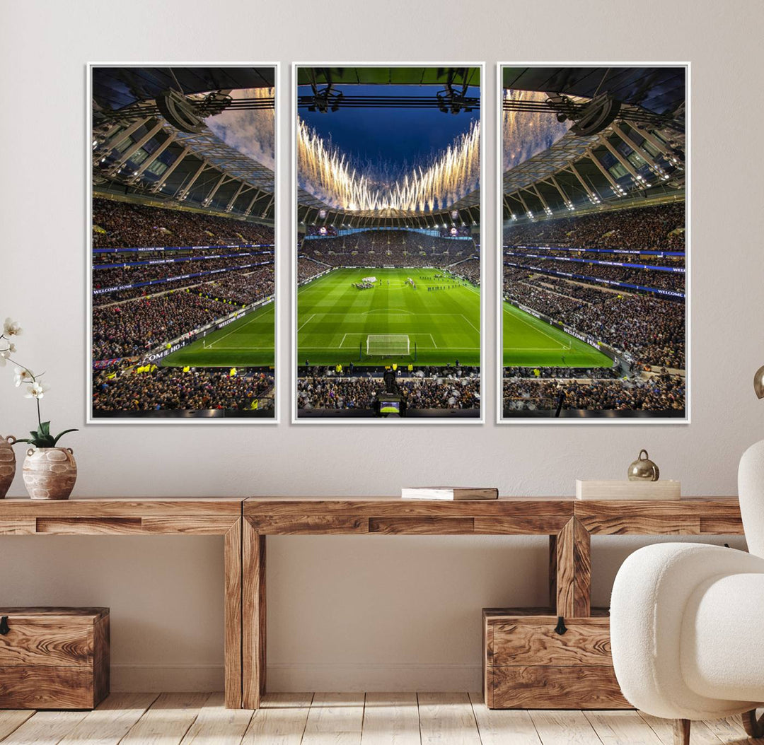 A stunning Tottenham Hotspur Stadium wall art captures the energy of a stadium packed with fans and vibrant lights.