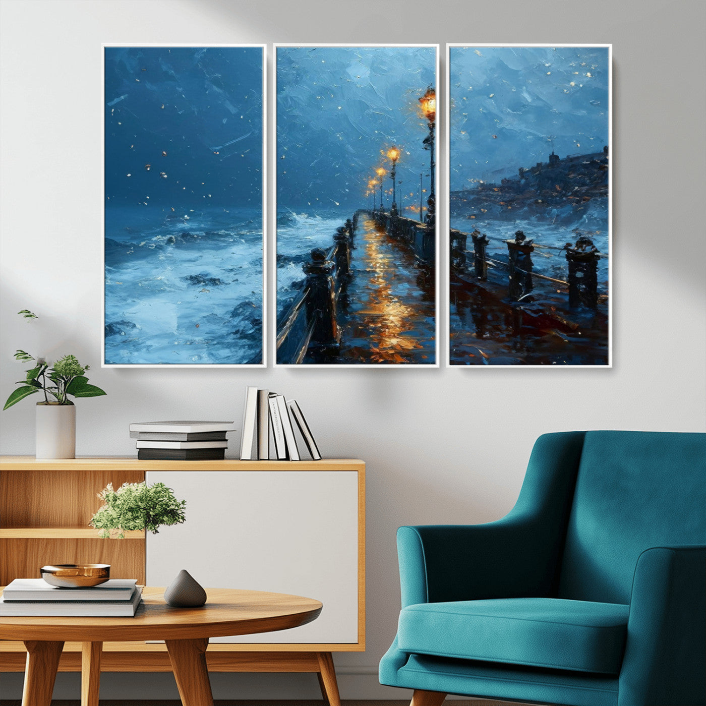 MGV-FC-48X32-3P - Stormy Night at Beach Pier Oil Painting Large Wall Art Print, Framed Canvas Nature Wall Decor,