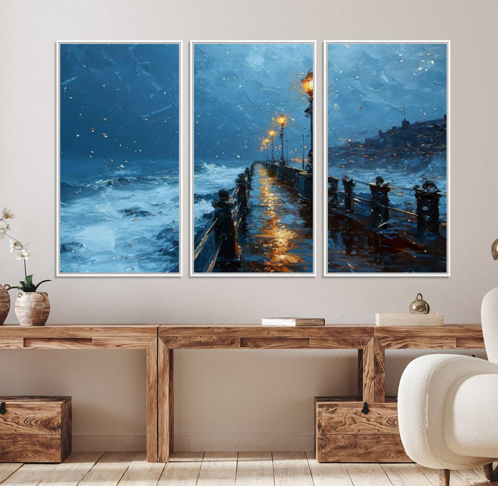 A framed oil painting depicts a stormy night at a beach pier, with glowing lamps and waves beneath a snow-filled sky.