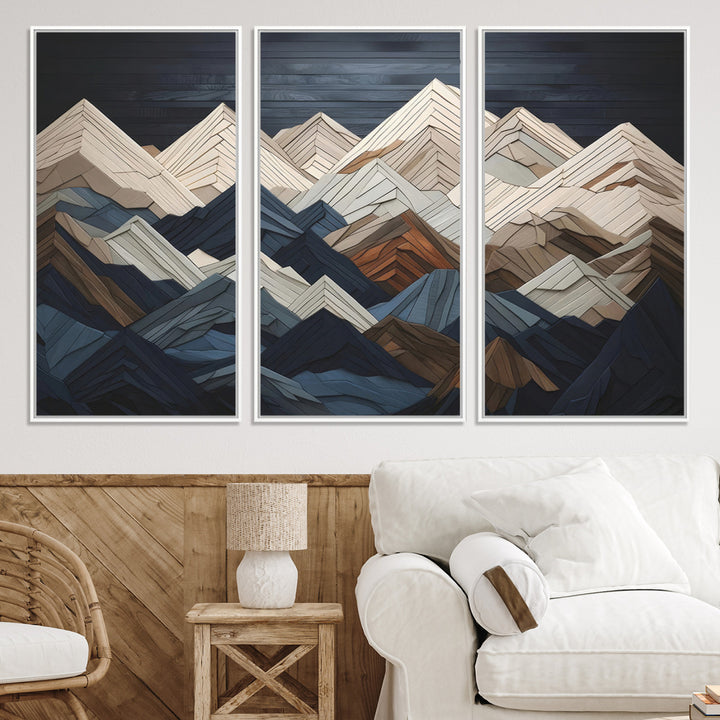 Rustic Mountain Landscape Wall Art Print - Wooden 3D Effect Mountain Canvas Print - Textured Peaks Wall Art for Cabin or Lodge Decor