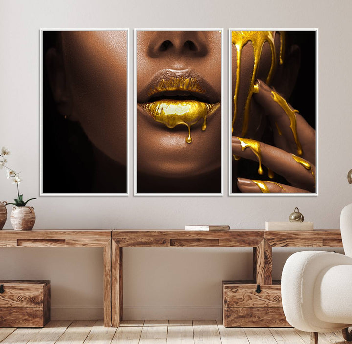 African American Art Canvas Print of a Black Woman with Gold Lips.